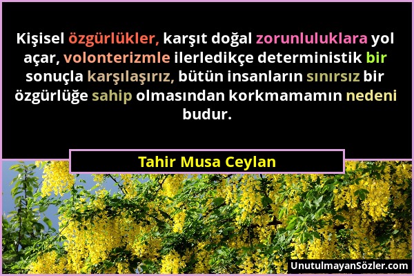 Tahir Musa Ceylan - Kişisel özgürlükler, karşıt doğal zorunluluklara yol açar, volonterizmle ilerledikçe deterministik bir sonuçla karşılaşırız, bütün...