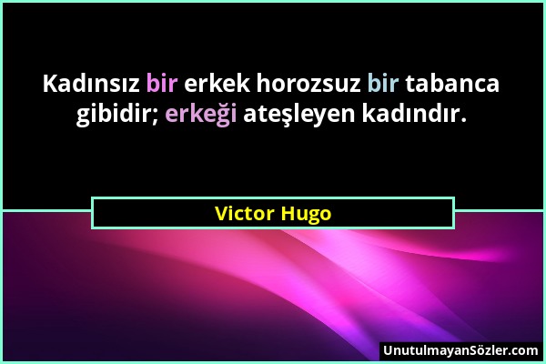 Victor Hugo - Kadınsız bir erkek horozsuz bir tabanca gibidir; erkeği ateşleyen kadındır....