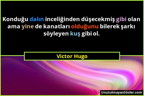 Victor Hugo - Konduğu dalın inceliğinden düşecekmiş gibi olan ama yine de kanatları olduğunu bilerek şarkı söyleyen kuş gibi ol....