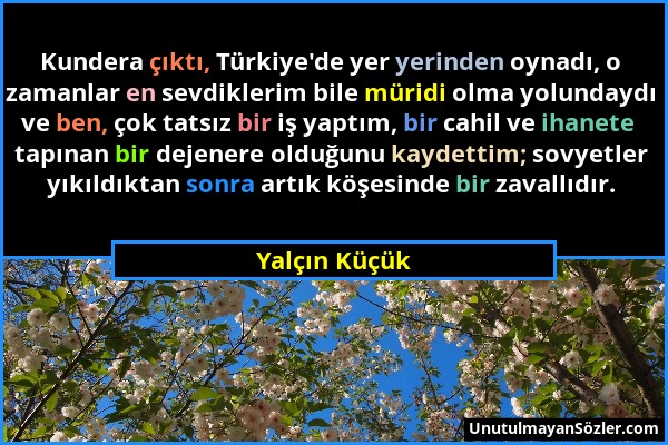 Yalçın Küçük - Kundera çıktı, Türkiye'de yer yerinden oynadı, o zamanlar en sevdiklerim bile müridi olma yolundaydı ve ben, çok tatsız bir iş yaptım,...