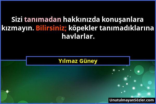 Yılmaz Güney - Sizi tanımadan hakkınızda konuşanlara kızmayın. Bilirsiniz; köpekler tanımadıklarına havlarlar....