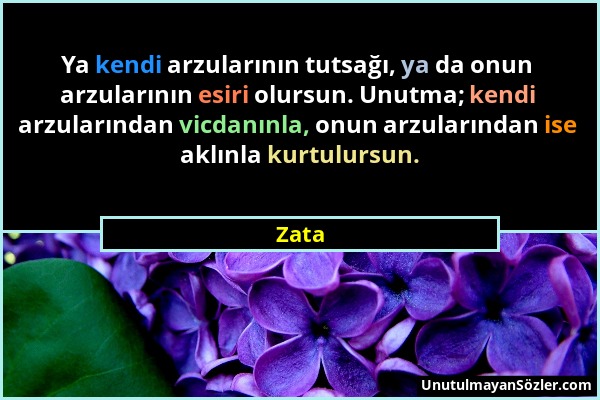 Zata - Ya kendi arzularının tutsağı, ya da onun arzularının esiri olursun. Unutma; kendi arzularından vicdanınla, onun arzularından ise aklınla kurtul...